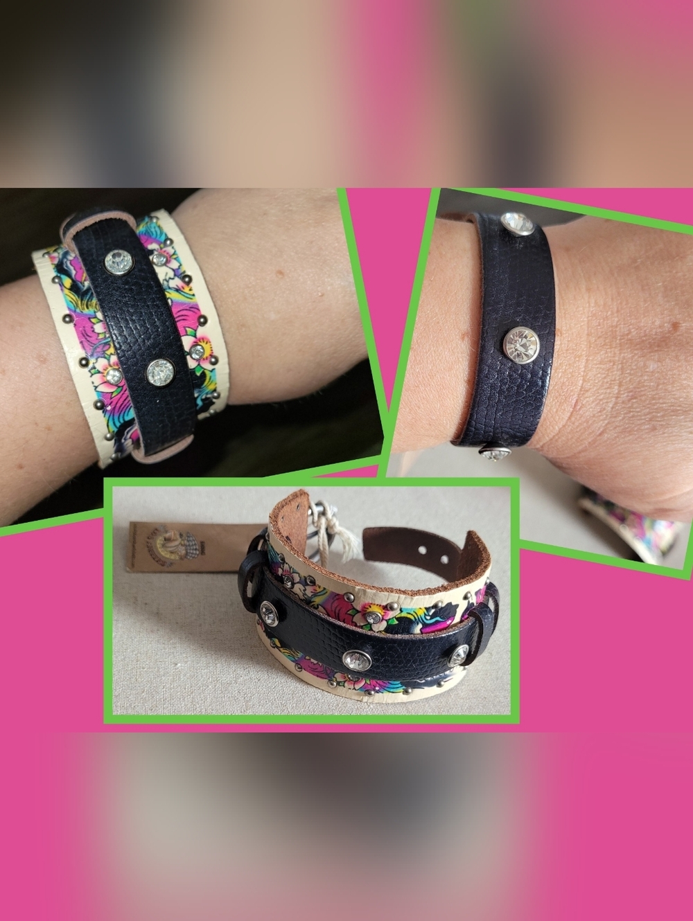 Ed Hardy LA Y2K Studded Tattoo Floral Skulls 2PC Leather Cuff Bracelet Black NWT
